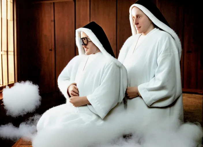 Image similar to realistic photo of a two medieval female nuns scientists wearing white cotton robes, doing an experiment with a fluffy furry fur cloud, living room interior is made of wood 1 9 9 0, life magazine reportage photo, natural colors