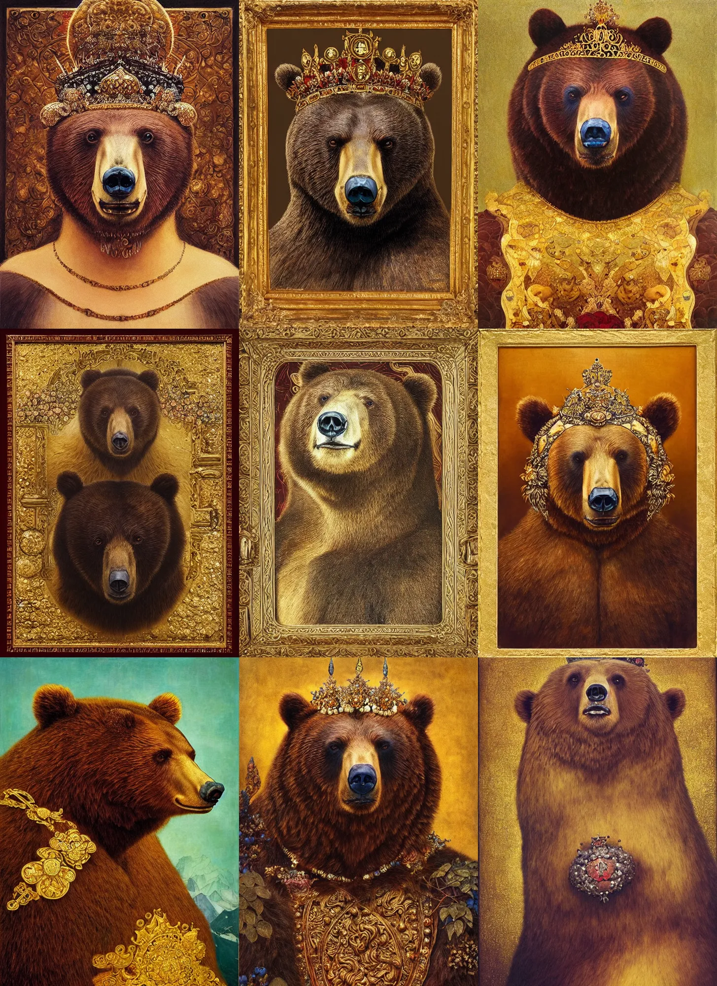 Prompt: “ a majestic portrait of a bear wearing a crystal crown, titian, tom bagshaw, yanjun chengt, maxfield parrish, gustav klimt, highly detailed, intricate ornamental flourishes, brown red and gold ”