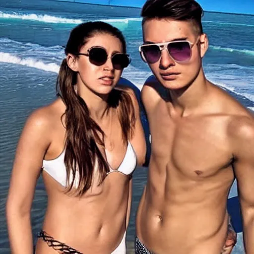 Prompt: photo of a 2 2 year old man that looks young for his age dating a very attractive and completely legal 1 8 year old woman wearing a bikini.