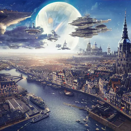 Prompt: city of amsterdam, millennium falcon in the sky, natural lighting, dreamy, intricate details, matte painting, illustration, by hayao miyazaki