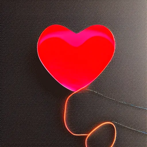 Image similar to a glowing red heart connected to dark green strings with a black background, digital art