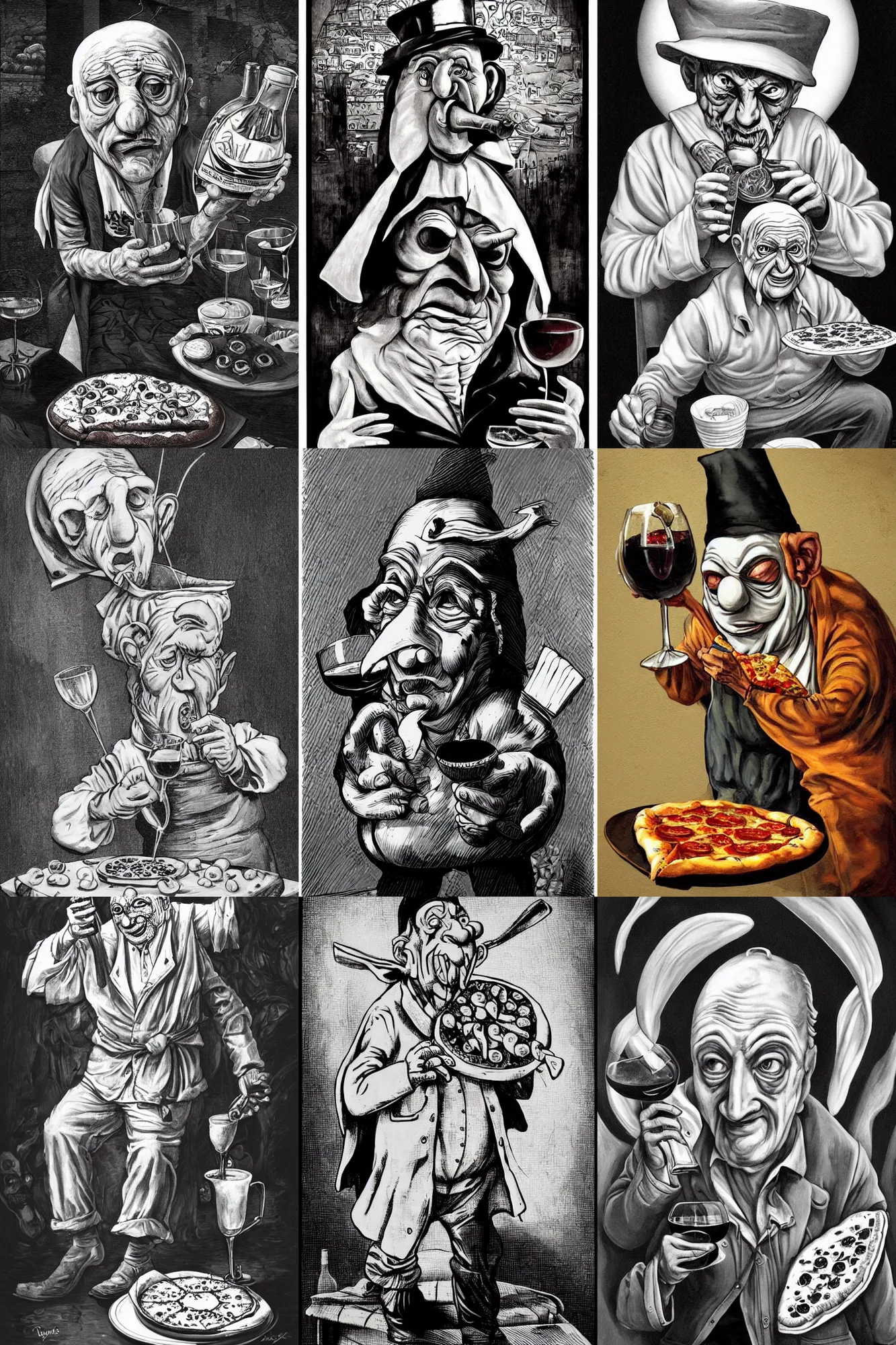 Prompt: wrinkled! old man wearing pulcinella mask, with a pizza! margherita di napoli, with a bottle of wine, drunk appearance, lowbrow, artistic, dramatic backlight, full body, wide angle, ultrafine detailed painting by joe fenton, trending on deviantart, masterpiece