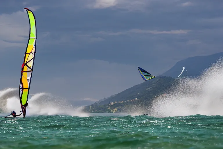 Prompt: windsurfing over stormy lake geneva