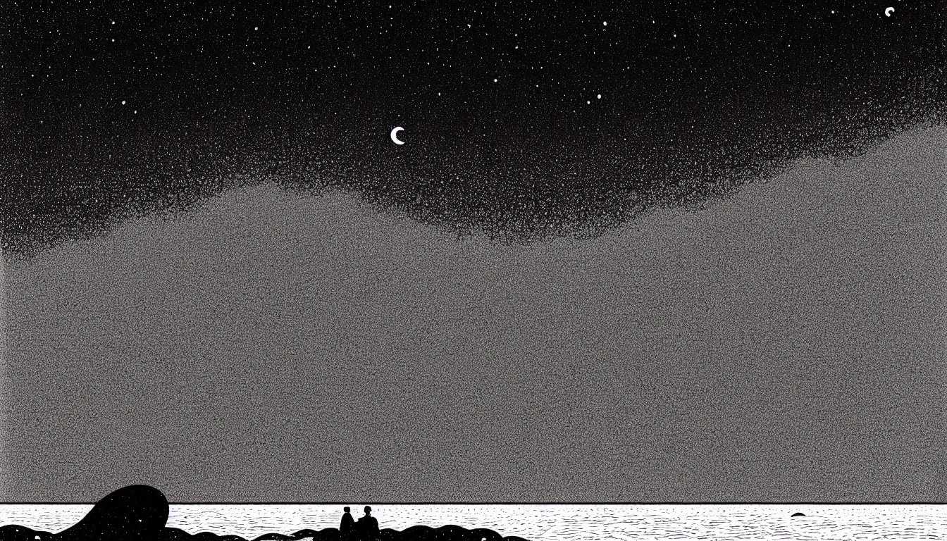 Image similar to calm ocean at night by nicolas delort, moebius, victo ngai, josan gonzalez, kilian eng