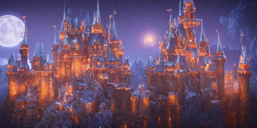 Image similar to a glittering fantasy castle at night, extremely detailed, Behrens style, digital art, octane render, beautiful composition, trending on artstation, masterpiece