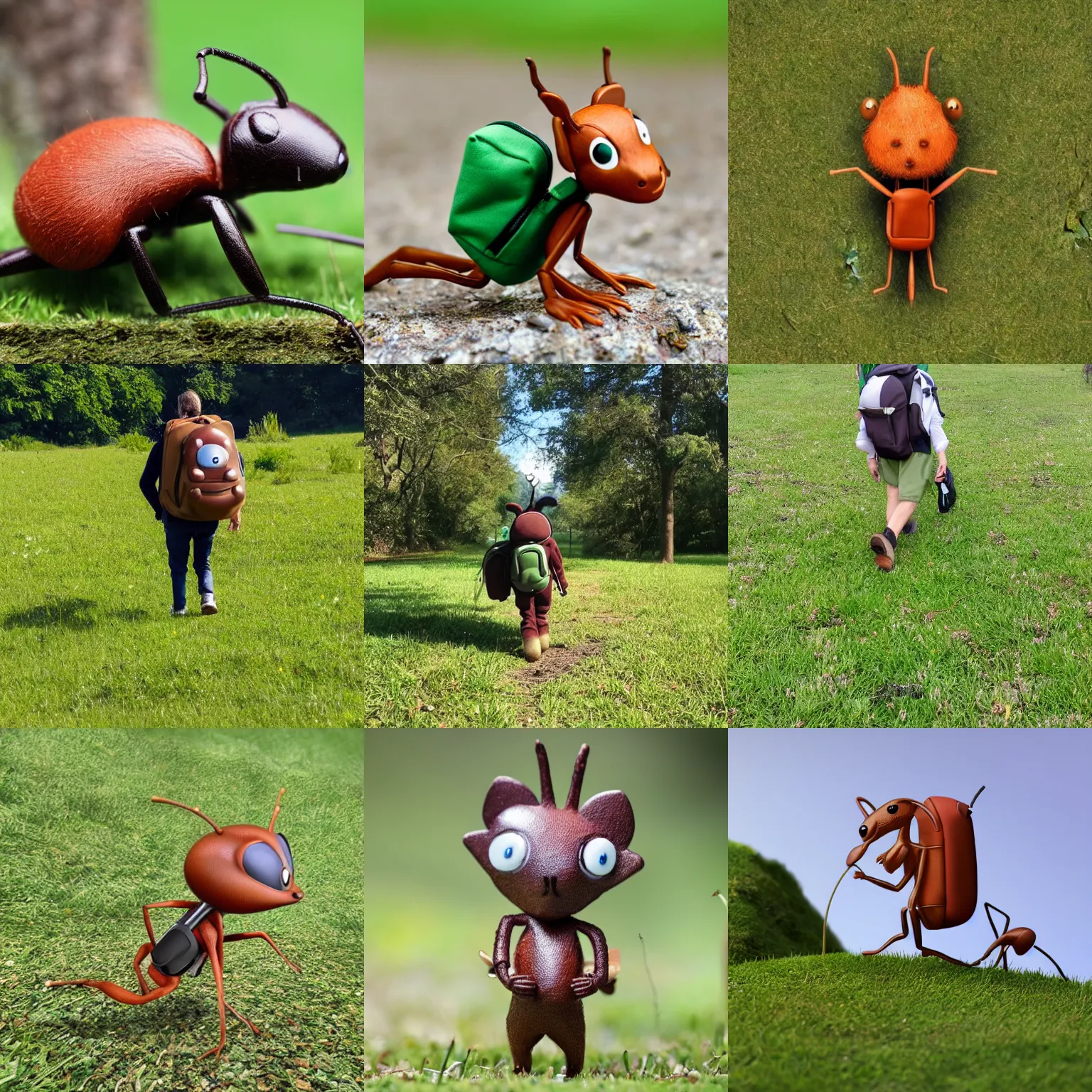 Image similar to an anthropomorphic ant wearing a backpack, walking through a green pasture