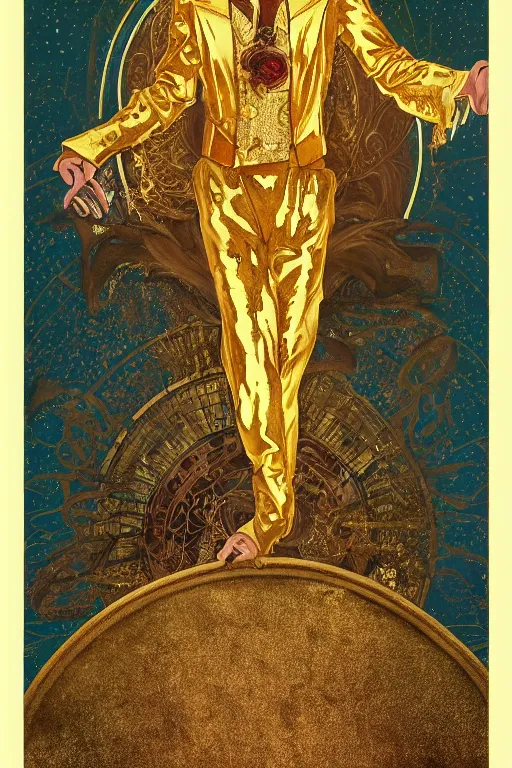 Prompt: a dramatic ethereal epic symmetrical painting of a handsome cowboy in a gold outfit | tarot card, art deco, art nouveau, (steampunk), homoerotic, realistic | by Mark Maggiori, by Alphonse Mucha, (((by Greg Rutkoswski))), | trending on artstation