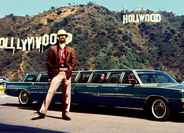 Prompt: color photo. a cool handsome photomodel lening against a limousine on hollywood boulevard in the 8 0's. showing money. hollywood sign in the background