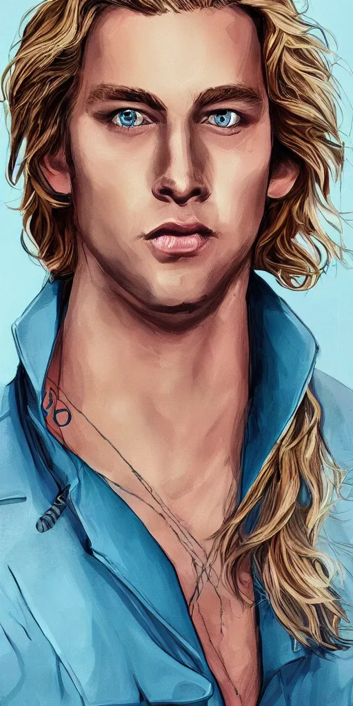 Prompt: portrait of a handsome gorgeous male satanic dirty blonde haired hippie that looks like cody fern with a straw jawline with long hair and blue eyes as the human prince of satan and lucifer, artstation