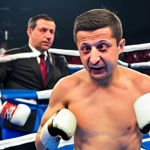 Image similar to volodymyr zelensky beating putin in a boxing match