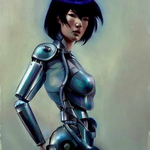 Image similar to greg manchess portrait painting of motoko kusanagi showing cybernetic parts of her body, medium shot, asymmetrical, profile picture, organic painting, sunny day, matte painting, bold shapes, hard edges, street art, trending on artstation, by huang guangjian and gil elvgren and sachin teng