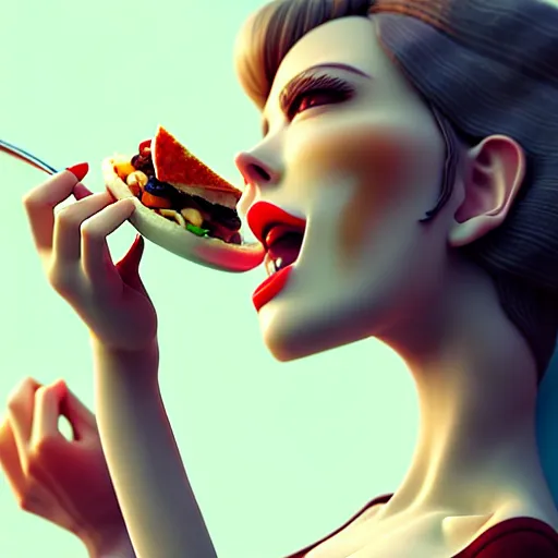 Prompt: girl, eating, good food, happy, slim, stylized, artstation, hd, cgsociety, cgi, realistic, dramatic, cinematic, artistic, trending, detailed