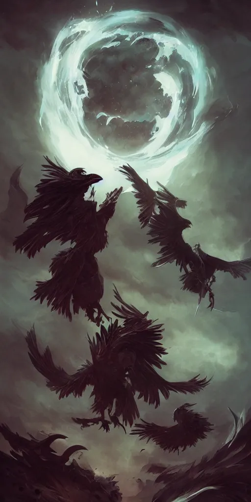 Prompt: ominous swirling ravens by peter mohrbacher and agostino arrivabene, dark fantasy art, swirling feathers, beautiful full moon, detailed thick black swirling volcano smoke tornado, particles, fire embers, artstation