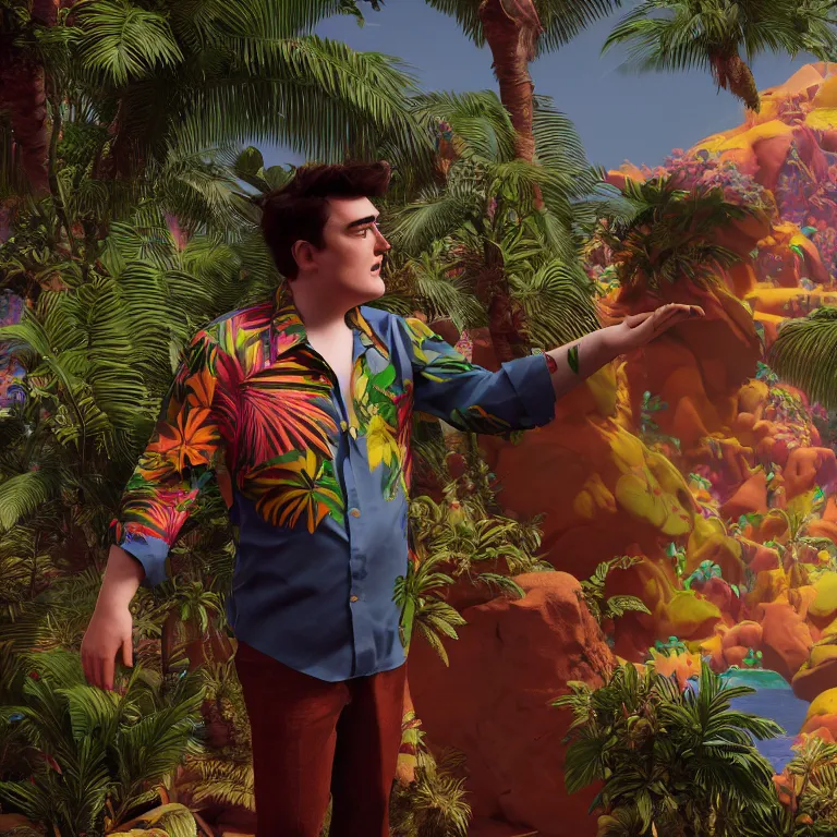 Image similar to a cinematic shot of palmer luckey, aloha shirt, colorful, octane render, volumetric lighting, nvidia raytracing demo, by Andy Thomas, Mario Martinez, Daniel Mirante, Gustave Dore, Artstation, CGsociety, masterpiece