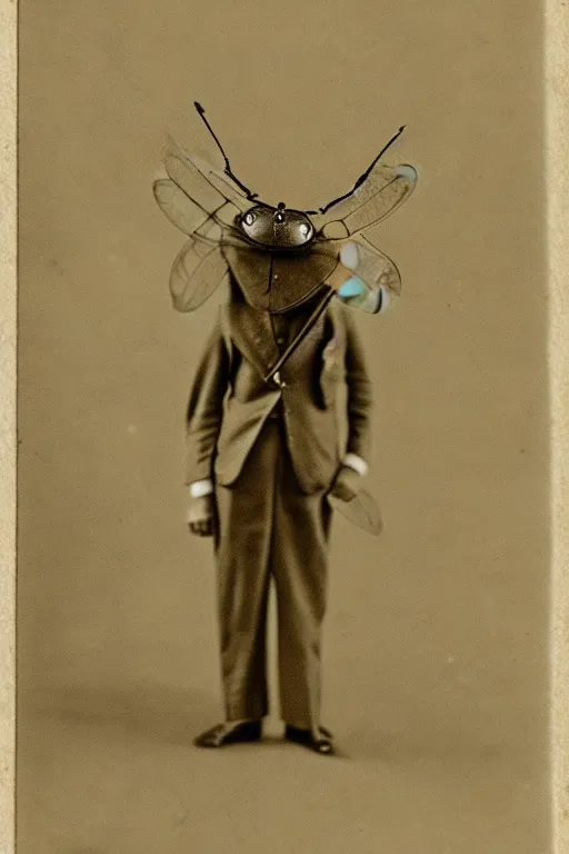 Image similar to anthropomorphic insect, wearing a suit, vintage photograph, sepia