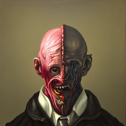 Image similar to Oil painting by Christian Rex Van Minnen of a portrait of an extremely bizarre disturbing mutated man with intense chiaroscuro lighting perfect composition