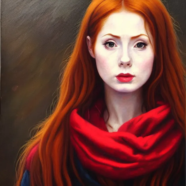 Prompt: Beautiful oil painting of Amy Pond by by Titian and Alexander Roslin and Chie Yoshii, portrait, red scarf, pale, black eyebrows, brown eyes, Doctor Who, symmetrical face, round face, dramatic lighting, sharp focus, smooth, Karen Gillan, magical, forest