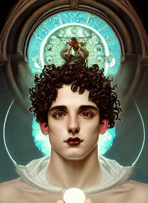 Image similar to the god hermes, young man, curly hair, glowing eyes, volumetric lights, cyan and white scheme, art nouveau botanicals, gothic, intricate, highly detailed, digital painting, artstation, concept art, smooth, sharp focus, symmetric face, illustration, steampunk, art by artgerm and greg rutkowski and alphonse mucha