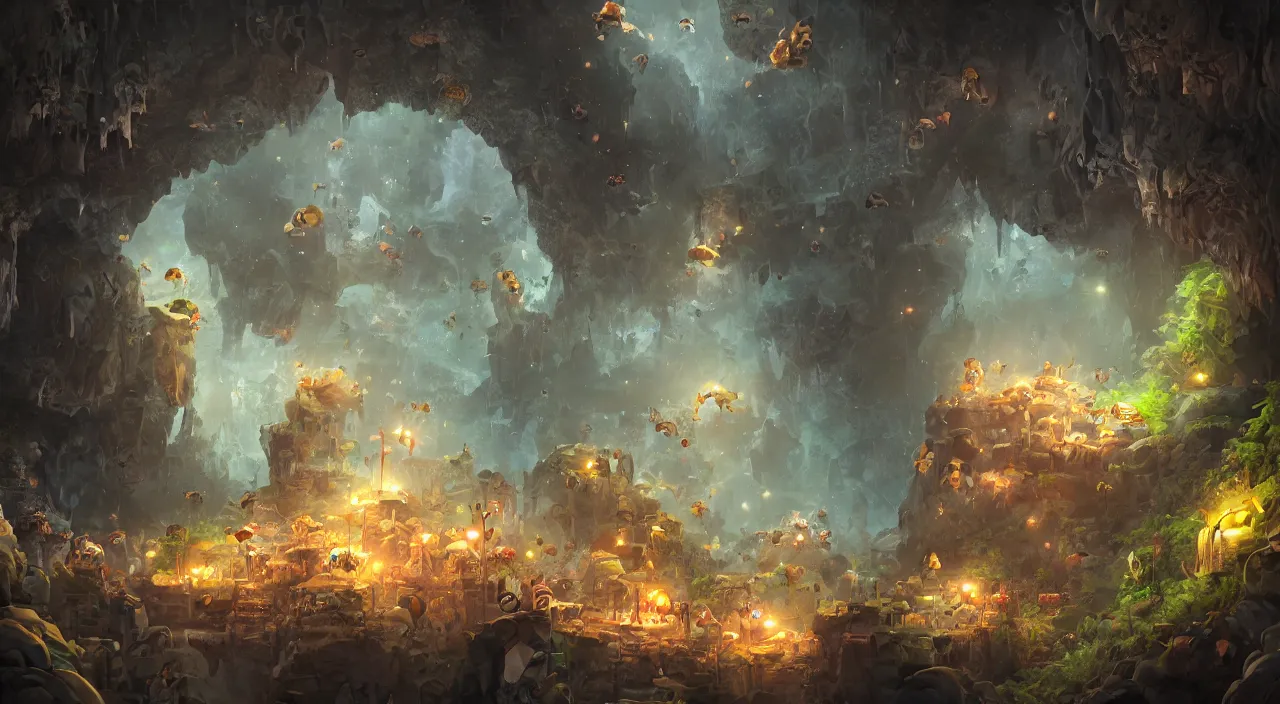 Prompt: a gloomy cave filled with giant hamsters and fireflies, mysterious, large scale, breathtaking, mixed media, digital art, trending on artstation, 8k, epic composition, highly detailed, AAA graphics