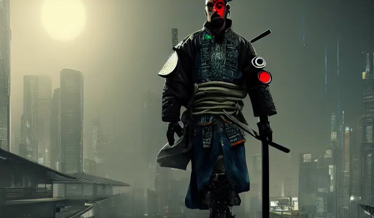 Image similar to cyberpunk samurai walking with his katana, full body shot, 8k, cinematic, epic, ultra detailed, award winning, trending on artstationHD, dramatic