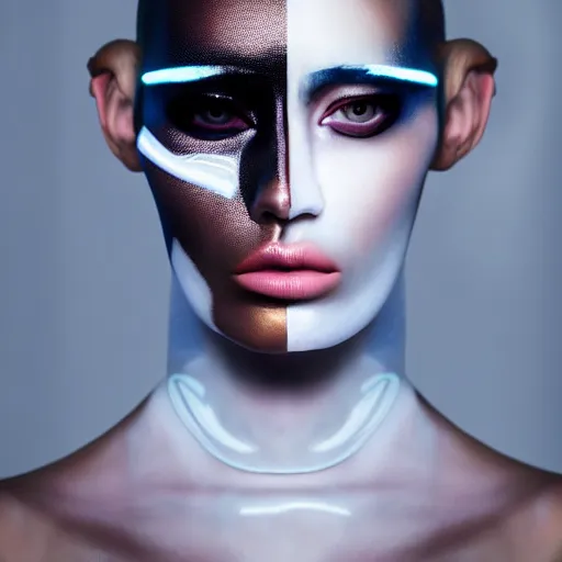 Image similar to high fashion photography of a model in neo futurism white sci - fi makup, transparent cloth, beautifully lit