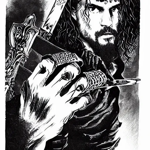 Image similar to pen and ink!!!! attractive 22 year old Frank Zappa x Jason Momoa x Jared Leto golden Vagabond magic swordsman glides through a beautiful battlefield magic the gathering dramatic esoteric!!!!!! pen and ink!!!!! illustrated in high detail!!!!!!!! by Hiroya Oku!!!!! Written by Wes Anderson graphic novel published on shonen jump 2002 award winning!!!!