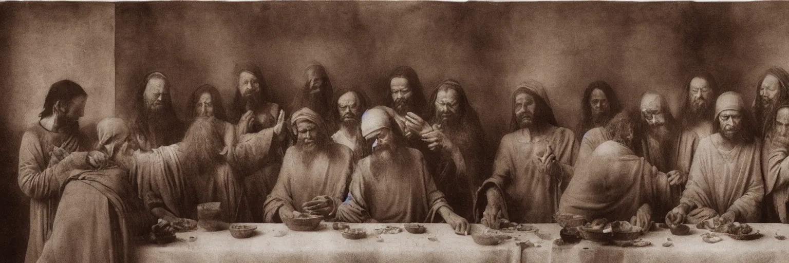 Image similar to Award Winning Editorial 84° wide-angle picture of a Tramps with bowed heads in a Soup Kitchen by David Bailey and daVinci, called 'The Last Supper', 85mm ND 5, perfect lighting, gelatin silver process
