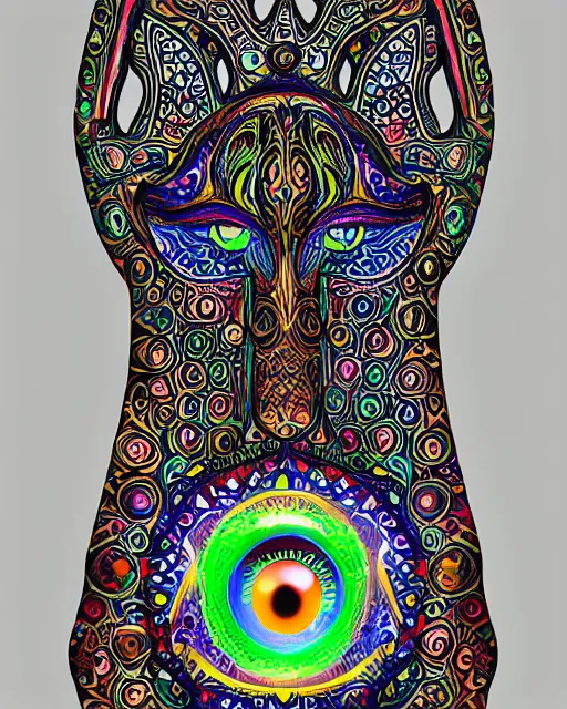 Image similar to hamsa cat with a single cyclops all-seeing eye intricate ceramic sculpture, drippy glazed dripping glaze Turkish Anatolian ceramic, highly detailed large sculpture object, finely hand painted intricate psychedelic op-art glitch patterned black colorful metallic decorative maximalist sculpted balanced, design by Felipe Pantone, isolated on white 8k octane render