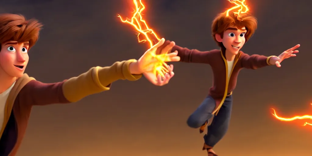 Prompt: a epic scene of a handsome young caucasian male sorcerer with brown hair casting a spell that is emanating from his hands, action pose, medium shot, depth of field, sharp focus, waist up, award winning animation, pixar and dreamworks animation style