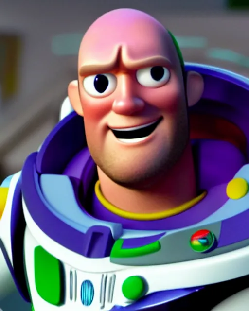 Prompt: Film still close-up shot of Jason Statham as Buzz Lightyear in the movie Toy Story 3. Photographic, photography