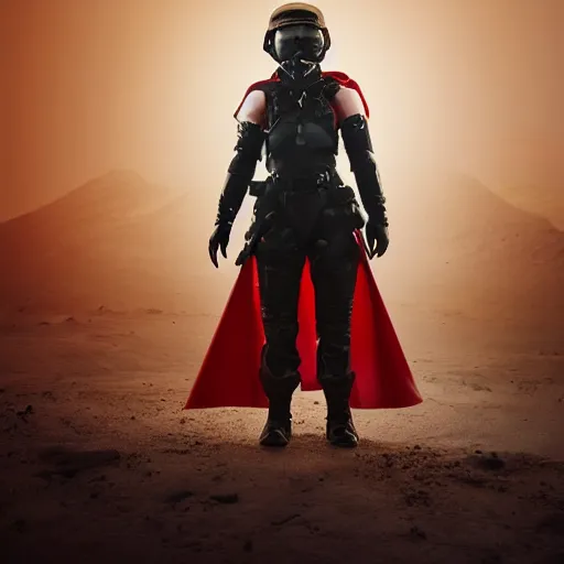 Prompt: a young female soldier with soot marks on her face, elegant, no makeup, in glossy sleek white bloodstained dinged scuffed armor , long torn red cape, heroic posture, determined expression, no helmet, on the surface of mars, dramatic lighting, cinematic, sci-fi, hyperrealistic, detailed