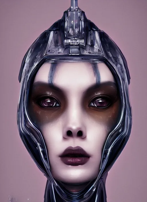 Image similar to beautiful portrait of an alien cyborg, style of Feng Zhu, Artstation geometric, aesthetic, big eyes, smooth skin, gothic make up, unique features, symmetrical, intricate crown, high fashion, streetwear, cyberpunk, detailed, octane render, cinematic, 8k, brown skin, retro sci fi film,