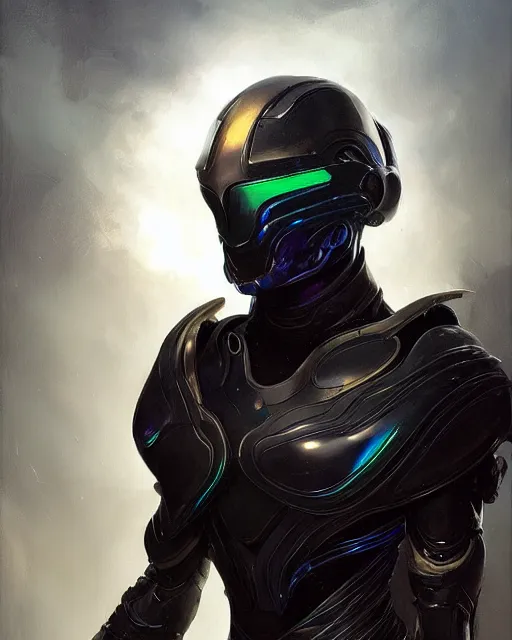 Image similar to iridescent sinewy smooth muscular male sleek glossy black pearlescent scifi armor with smooth black featureless helmet, by greg rutkowski, mark brookes, jim burns, tom bagshaw, magali villeneuve, trending on artstation