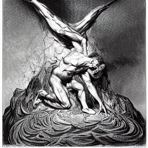 Prompt: The control of the Demiurge over his twisted creation. In the style of Gustave Doré.