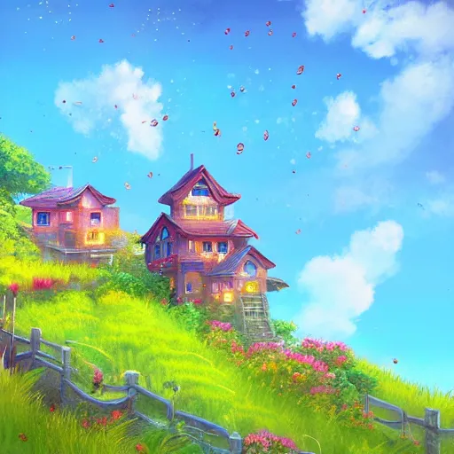 Image similar to beautiful 3 d painting of a colourful house on a hilltop at midnight with small fireflies flying around, in the style of studio ghibli, artstation, unreal engine