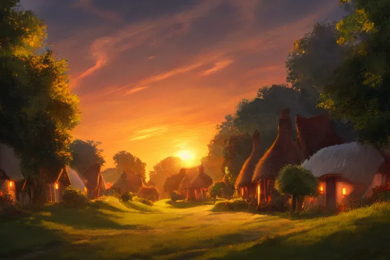 Image similar to sunset over the cottages in the shire, ghibli, artstation, award wining, rutkowski, shinkai