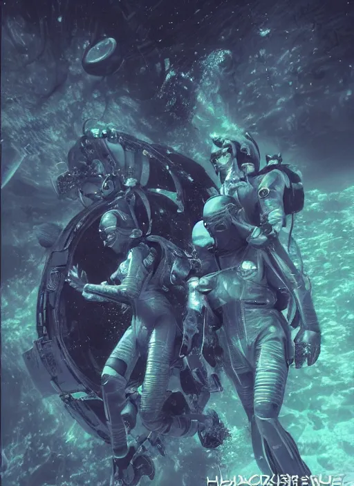 Image similar to astronauts girls in dark void underwater - complex and hyperdetailed technical suit design. reflection and dispersion materials. rays and dispersion of light. volumetric light. f / 3 2. noise film photo. flash photography. ultra realistic, wide angle. poster by wayne barlowe, hajime sorayama aaron horkey, craig mullins