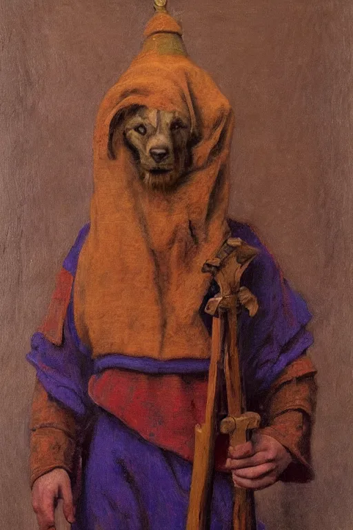 Prompt: slavic dog head man, woolen torso in medieval clothes, holding a weapon, orthodox, oil painting, concept art, hyperrealism, beautiful, high resolution, trending on artstation, by annie swynnerton and nicholas roerich, symbolist, soft colors, dramatic lighting, extremely detailed, two hands,