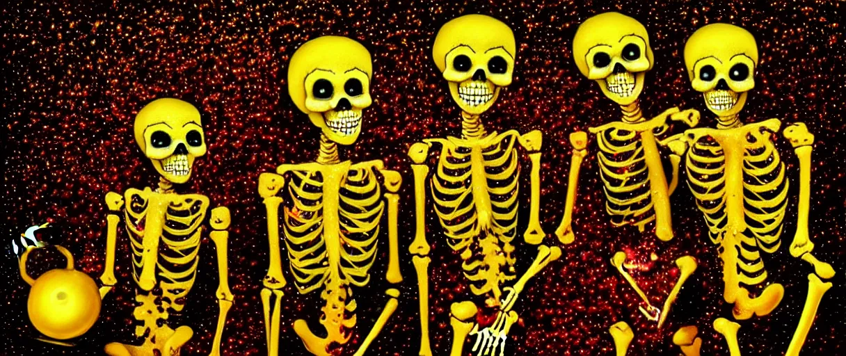 Prompt: hyperrealistic popart very cute glitter medieval skeletons dancing jason limon digital painting dramatic yellow lighting high angle hd 8k sharp shallow depth of field