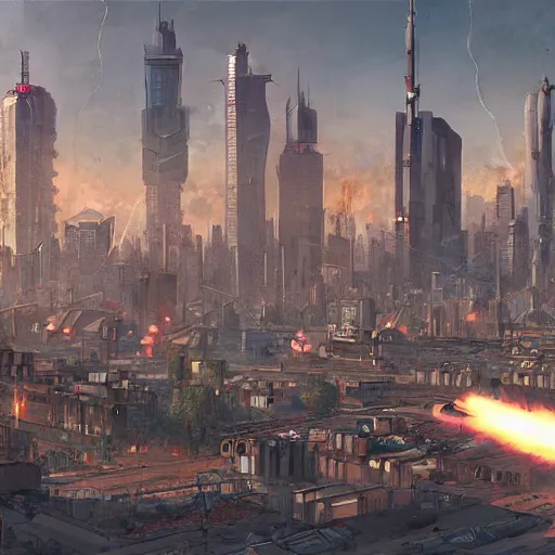 Prompt: cyberpunk city being bombarded by napoleonic cannons.