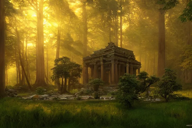 Prompt: Ancient temple lost in the heart of the forest belonging to the ancient goddess of earth and trees | dramatic light | cinematic lighting | sunshafts, volumetric lighting | golden hour | style of donato giancola