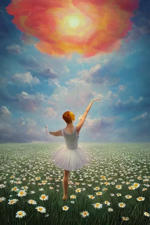 Image similar to giant white daisies flower as head, girl ballet in a flower field, surreal photography, sunrise, dramatic light, impressionist painting, colorful clouds, digital painting, artstation, simon stalenhag