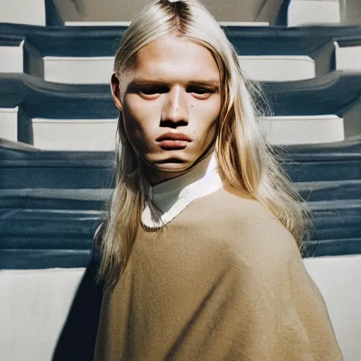 Image similar to realistic photoshooting for a new balenciaga lookbook, color film photography, portrait of a blonde european model, in style of tyler mitchell, 3 5 mm,