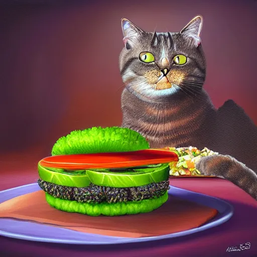 Prompt: a cat eats a multilayer vegetarian broccoli burger, highly detailed, digital painting, sharp focus, fantasy art