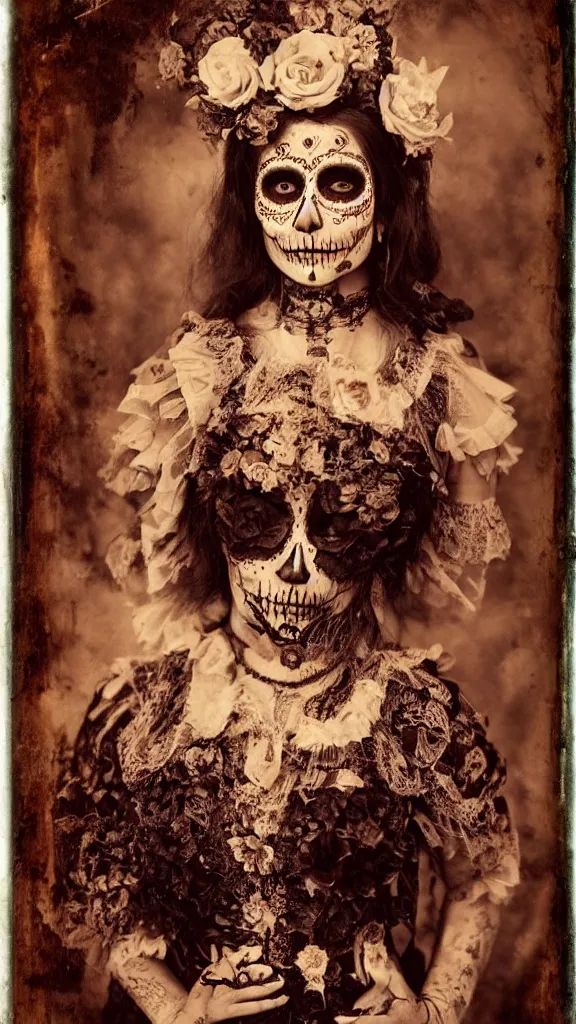 Image similar to tintype full body view, girl in dia de muertos dress and make up, horrific beautiful vibe, evocative, atmospheric lighting, painted, intricate, highly detailed,