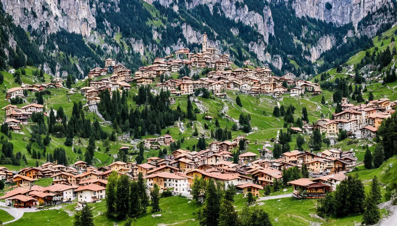 Prompt: an italian town in the dolomites mountains