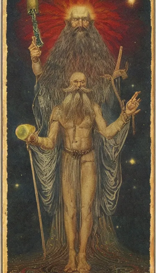 Prompt: the emperor, tarot design, taurus, mars energy, ankh scepter in his hand, wisdom, long white beard, agostino arrivabene