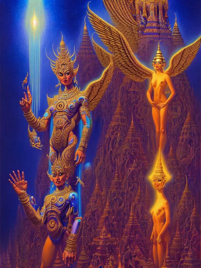 Prompt: a dmt blue and golden angel goddess hindu entity thai architecture, hyperspace technopalace, iridescent, tim hildebrandt, wayne barlowe, bruce pennington, donato giancola, trending on artstation, cinematic composition, beautiful lighting, hyper detailed, 8 k, oil on canvas