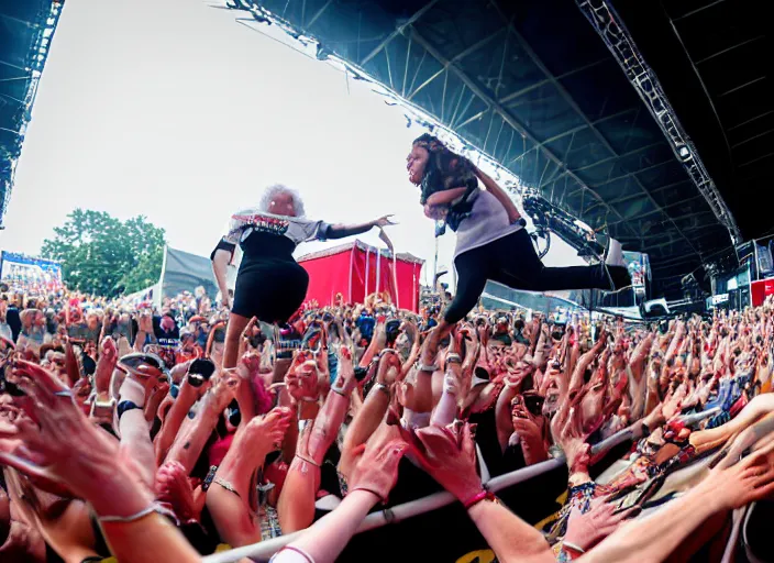 Image similar to photo still of queen elizabeth on stage at vans warped tour!!!!!!!! at age 7 0 years old 7 0 years of age!!!!!!! stage diving into the crowd, 8 k, 8 5 mm f 1. 8, studio lighting, rim light, right side key light