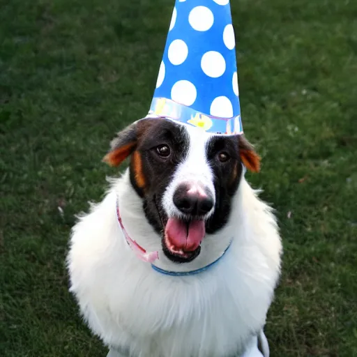 Prompt: dogs wearing party hats at mad hatter tea party